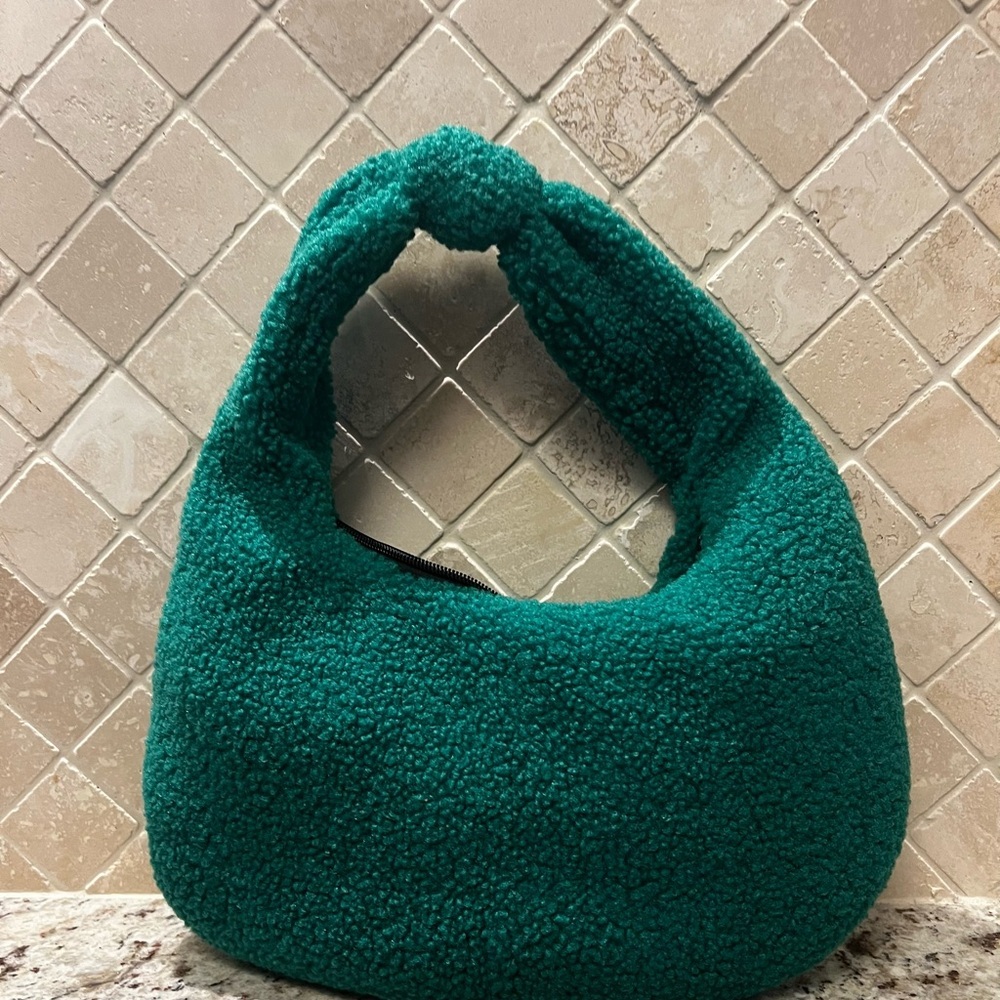Green Fluffy Knot Handle Curved Faux Sherpa Hobo Bag